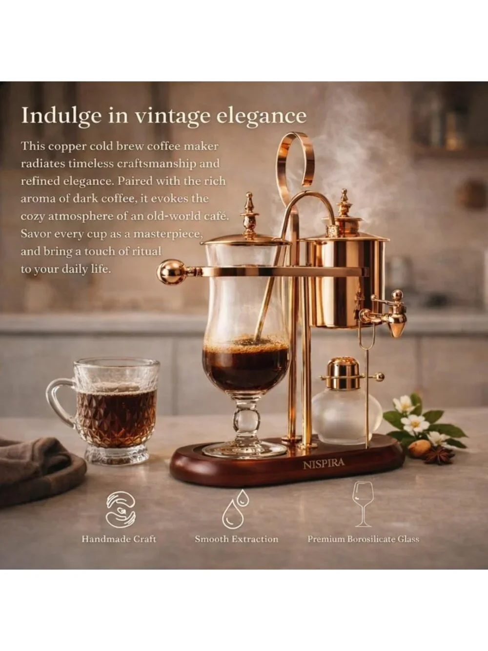 Vintage Copper Vacuum Coffee Maker - Unique Gravity Syphon Brewing System 500ml
